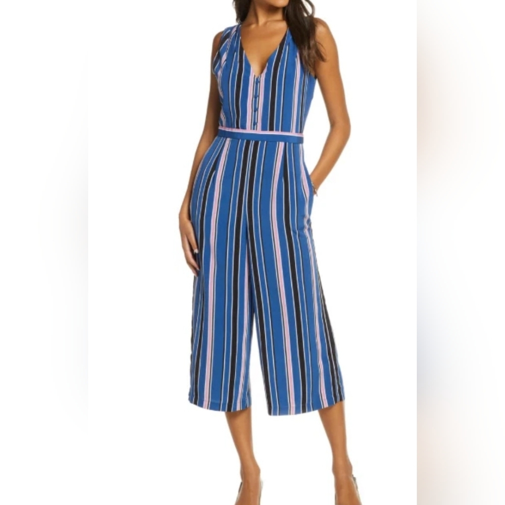 1901 Striped Cropped Sleeveless Blue and Pink Striped Jumpsuit